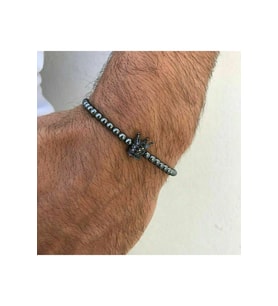 Erkek - Zirkonyum Kaplama Siyah Kral Tacı Detaylı, Çok Şık Elegant Doğal Taş Bileklik  Handmade