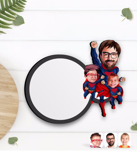 BK Gift Kişiye Özel Süper Baba 2 Çocuk Karikatürlü Ahşap Bardak Altlığı-1
