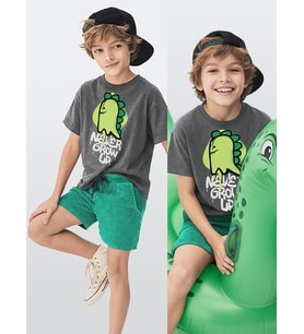 Erkek Çocuk Takım Dinozor Baskılı T-Shirt Havlu Şort İkili Takım Yazlık 4-8 Yaş (Yeşil)