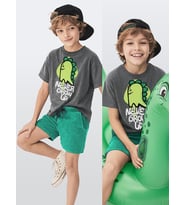 Erkek Çocuk Takım Dinozor Baskılı T-Shirt Havlu Şort İkili Takım Yazlık 4-8 Yaş (Yeşil)