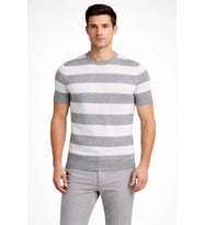 Erkek T-shirt Çizgili Kısa Kol Yazlık Triko Dokuma Bisiklet Yaka Tişört - Gri