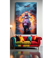 MOTORCU KEDİ 2 Ev Duvar Salon Güzellik Salonu Ofis Dükkan Dekarasyon Kanvas Tablo (Çok Renkli)