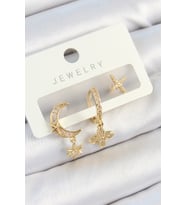 Pirinç Zirkon Taşlı Çiçek Ve Ay Model Gold Renk 3'lü Çift Kadın Küpe Set - TJ-BKP10827