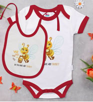 BK Kids Sevimli Arı Tasarımlı Kırmızı Bebek Body Zıbın ve Mama Önlüğü Hediye Seti-1