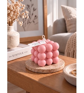 Mumelia Bubble Küp – Doğal Soya Dekoratif Blok Mum - Büyük Boy - Pembe