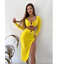 Sarı Sandy Kumaş Tokalı Uzun Kollu İkili Takım