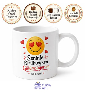 Seninle Birlikteyken Gülümsüyorum Gülen İfade Kalp Göz Çizimli Neşeli Kupa Hediye Bardak