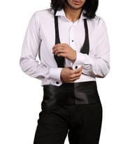 Beyaz Ekstra Uzun Kol 8 Drop Damatlık Ata Yaka Kol Düğmeli Slim Fit Smokin Gömlek - 013