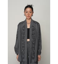 Kadın Şerit Gül ve Taş Detaylı Düz Oversize Kimono (Antrasit)