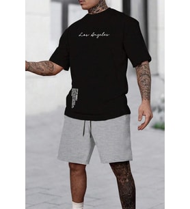 Unisex Los Angles Detay Baskılı Şort Takım (Siyah)