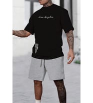Unisex Los Angles Detay Baskılı Şort Takım (Siyah)