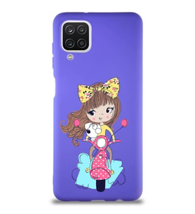 Samsung Galaxy A12 Soft Premier Kapak Vespagirl Tasarımlı Silikon Kılıf - Mor (Şeffaf)