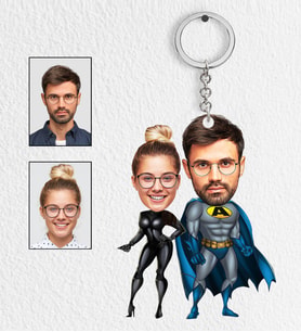 Kişiye Özel Batman ve Kedi Kadın Tasarımlı Karikatür Anahtarlık