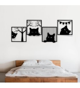 Siyah Ahşap Kediler 30cm X 30cm 4 adet Tablo Duvar Dekoru 3mm Mdf Lazer Kesim