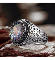 925 Ayar Gümüş Yuvarlak Mistik Topaz Taşlı Erkek Yüzük