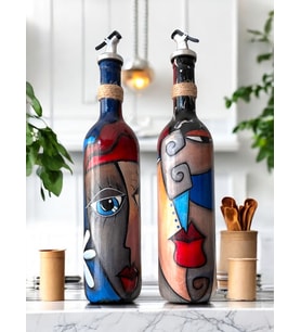 Modern Tasarımlı Soyut Yüz Desenli Renkli 750 ml Zeytinyağı Sıvıyağ Şişesi Yağdanlık Yağlık 2'li Set (Çok Renkli)
