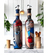 Modern Tasarımlı Soyut Yüz Desenli Renkli 750 ml Zeytinyağı Sıvıyağ Şişesi Yağdanlık Yağlık 2'li Set (Çok Renkli)