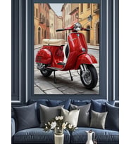 Sokakta Duran Kırmızı Klasik Scooter Dekoratif Kanvas - Mdf Ahşap Tablo