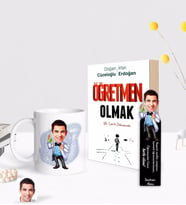 BK Gift Kişiye Özel Erkek Kimya Öğretmeni Karikatürlü Beyaz Kupa Ahşap Kitap Ayracı ve Öğretmen Olmak Kitabı Hediye Seti-3