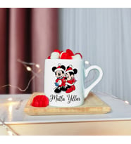 Mickey & Minnie Mouse & Yılbaşı Tasarımlı Çift Ahşap Tabaklı Türk Kahvesi Fincanı Seti