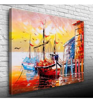 İskeledeki Balıkçı Takaları Yağlıboya Kanvas Tablo 50 x 70
