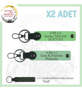 Motosiklet Aşıklarına Özel, İsim Plaka ve 0 Rh (+) Kan Grubu Yazılı x2 Anahtarlık, Yeşil-F Yeşil-Ysl (Çok Renkli)