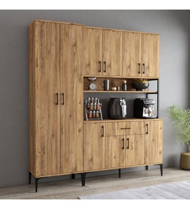 Tanmob MDL0602 Alt Üst Çift Kapılı Çok Amaçlı Dolap 8 Kapaklı Çekmeceli Raflı Çam