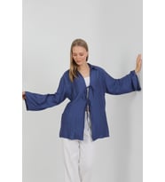 Doğal Viskon Kumaş Cepli Bağcıklı Kadın Kimono 1167 – Hafif, Dökümlü, Akışkan, Yazlık Model (İndigo Mavi)