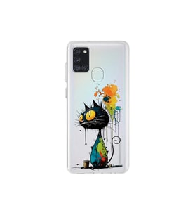 Samsung Galaxy A21S ile Uyumlu Splash Kedi Tasarımlı Şeffaf Silikon Kılıf
