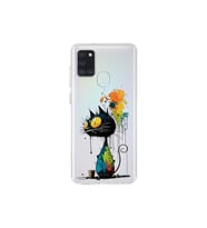 Samsung Galaxy A21S ile Uyumlu Splash Kedi Tasarımlı Şeffaf Silikon Kılıf