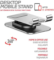 Telefon Standı Çok Yönlü 360° Dönebilen Metal Gövdeli Ayarlanabilir ve Katlanabilir Masa Üstü Kullanımı İçin Tüm Telefonlara Uyumlu