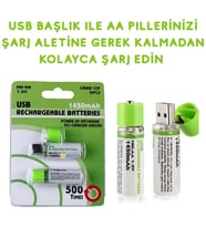 Usb ile Şarj Olabilen 2 li 1450 mah Lityum Şarjlı Kalem Pil