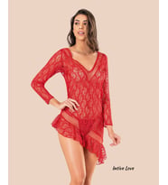 Moongirl Asimetrik Kesim Transparan Full Dantelli Uzun Kollu Mini Gecelik/Babydoll (Kırmızı)