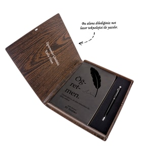 Kitap Formunda Ahşap Kutuda Öğretmenlere Özel Kişiselleştirilebilir Siyah Defter-Kalem Seti