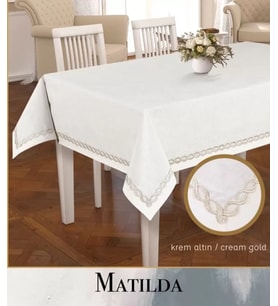 Keten Masa Örtüsü Matilda Model 155x300 cm Krem-Gold Yemek Masası Örtüsü Tasarım