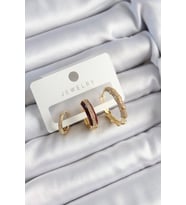 Pirinç Zirkon Taşlı Bordo Halka Model Gold Renk 3'lü Çift Kadın Küpe Set - TJ-BKP10834