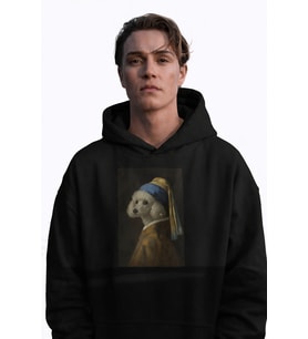 Erkek İnci Küpeli Köpek Baskılı Siyah Hoodie – 3 İplik Şardonlu Kapüşonlu Sweatshirt