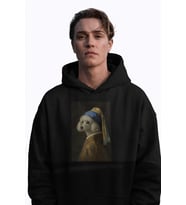 Erkek İnci Küpeli Köpek Baskılı Siyah Hoodie – 3 İplik Şardonlu Kapüşonlu Sweatshirt