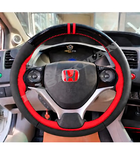 Honda Civic FB7 Dikme Direksiyon Kılıfı Parlak Siyah Kırmızı Detaylı Kırmızı Çift Yüzük ve Dikiş 2012-2016