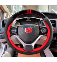 Honda Civic FB7 Dikme Direksiyon Kılıfı Parlak Siyah Kırmızı Detaylı Kırmızı Çift Yüzük ve Dikiş 2012-2016
