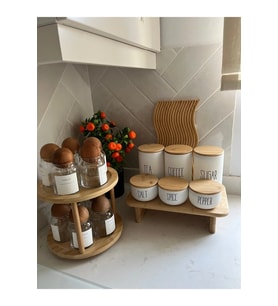 may home design 6'lı Bambu Kapaklı Ahşap Standlı Baharat Takımı/ 10’lu Top Kapaklı Döner Standlı Baharat Takımı
