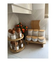 may home design 6'lı Bambu Kapaklı Ahşap Standlı Baharat Takımı/ 10’lu Top Kapaklı Döner Standlı Baharat Takımı