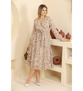 Neşeli butik kadın bej desenli şifon elbise RSSN32