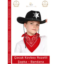 #Kostüm Çocuk Kovboy Şapka Sheriff Yıldız Rozet Kostüm Aksesuar Set Rozetli Siyah Kırmızı Bandana