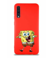 Samsung Galaxy A50 Soft Premier Kapak Sünger Bob Tasarımlı Silikon Kılıf - Kırmızı (Şeffaf)