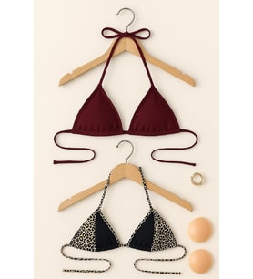 Kadın Leopar Desenli ve Bordo Minimal Kesim Üçgen Bikini Üstü
