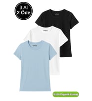 Kadın 3'lü Paket Siyah-Beyaz-Mavi %100 Organik Pamuk Normal Kesim Tişört Bisiklet Yaka T-Shirt