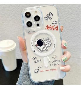 Coverzone iPhone 13 ile uyumlu K?l?f Wireless ?arj �zellikli Magsafe ile uyumlu Astronot Bask?l? Sert PC ?effaf Arka Y�zey Ay Moon Nasa
