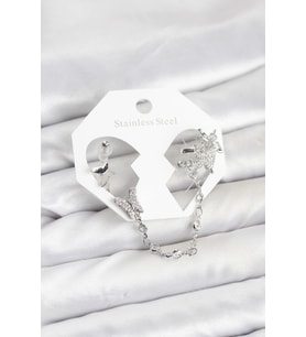 Pirinç Gümüş Renk Kelebek Model Zincir Bağlantılı Ear Cuff Küpe Seti 5886