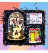 Kişiye Özel 3 Fotoğraflı Peluş Ayıcıklı Fanus (Işıklı), Magnet ve Sevgi Bilekliği